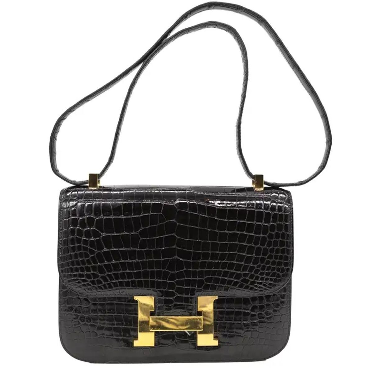 Hermes Shiny Black Porosus Crocodile 23cm Constance Bag