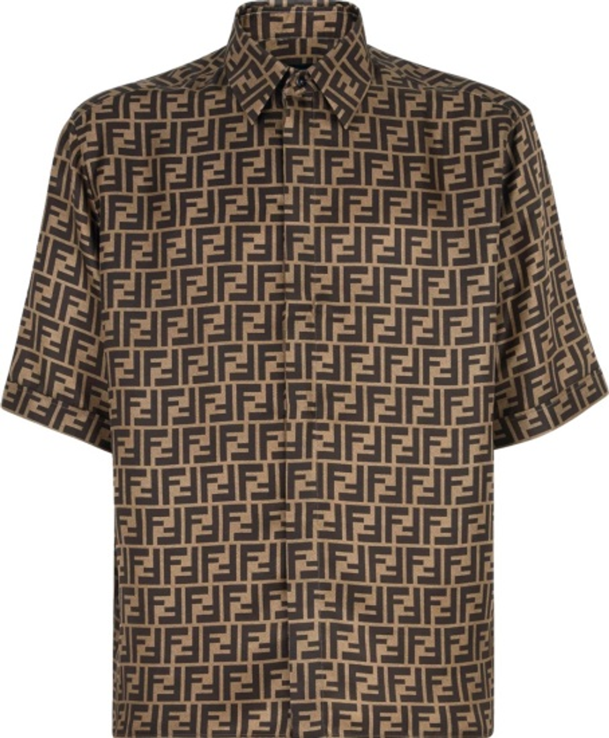 Fendi Brown Logo-Print Silk Oversized Shirt