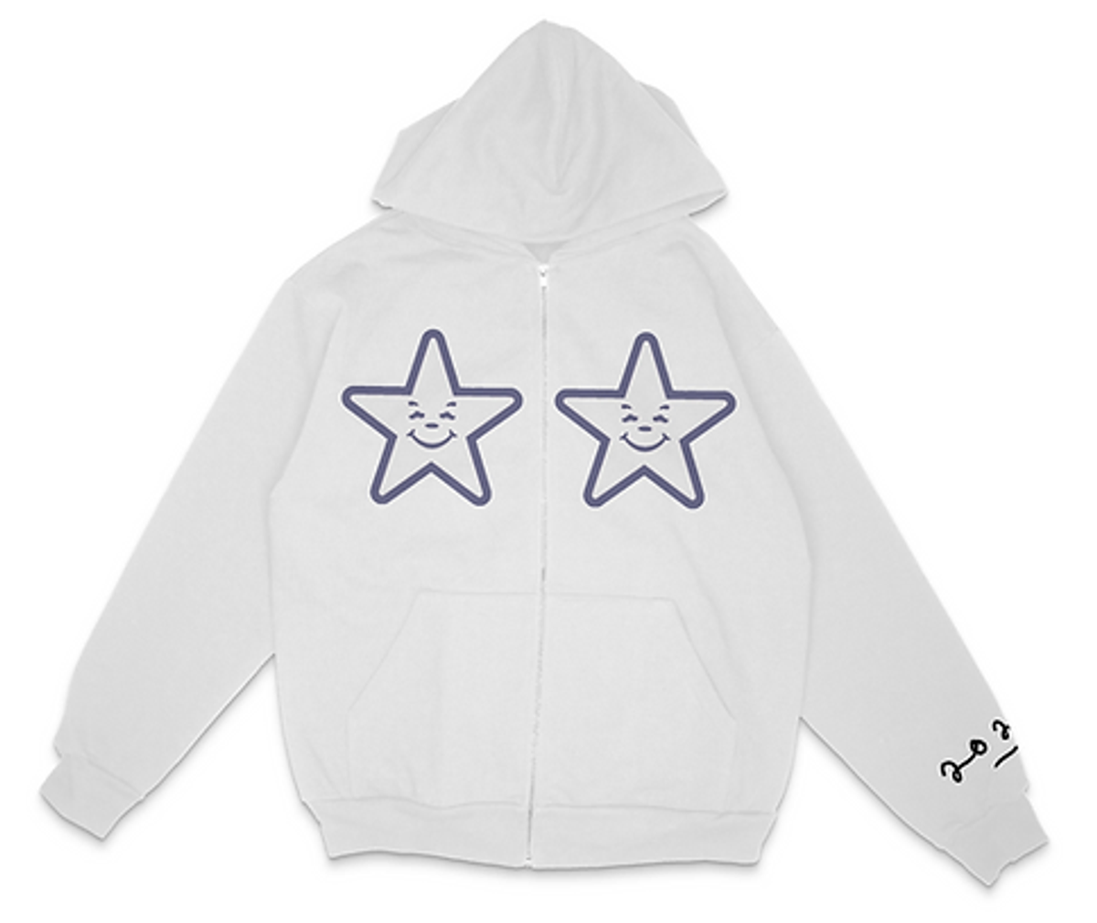 Asspizza White Puff Print White Star Zip Up Hoodie
