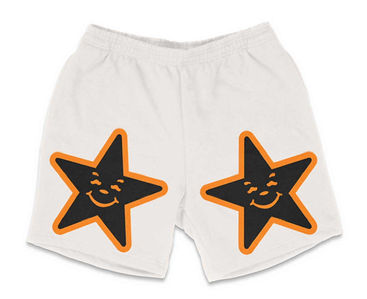 Asspizza White Puff Print Black And Orange Star Shorts