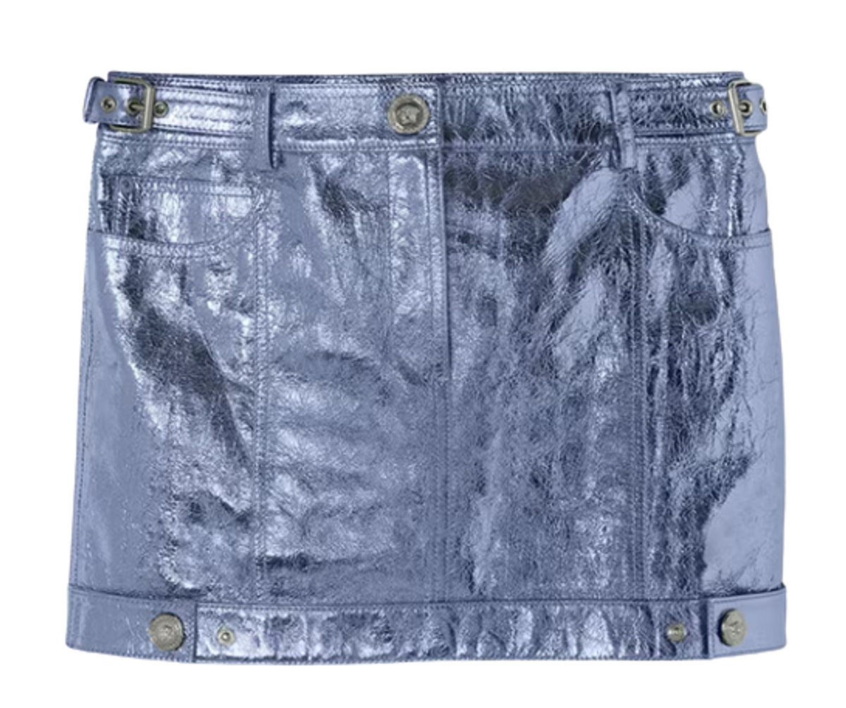 Versace × Dua Lipa Merch Medusa Metallic Leather Mini Skirt