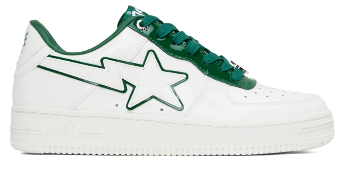 Bape White And Green Patent Leather Sneakers