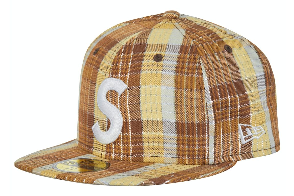 Supreme Metallic Plaid S Logo New Era Hat Brown