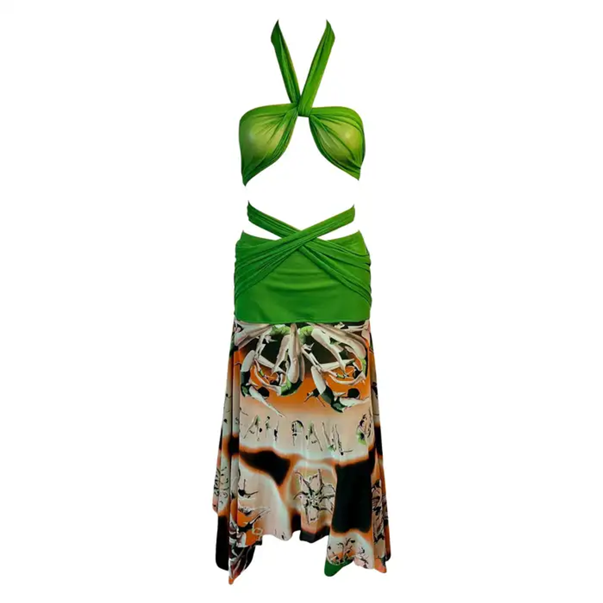 Jean Paul Gaultier Soleil Logo People Print Semi-Sheer Mesh Maxi Skirt Dress