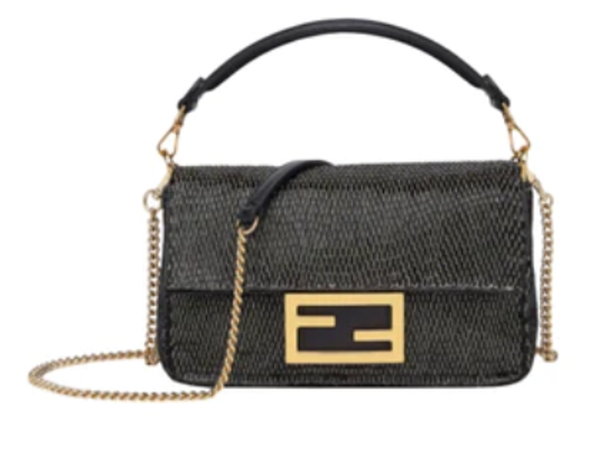 Fendi Black Leather Embroidery Mini Baguette Bag