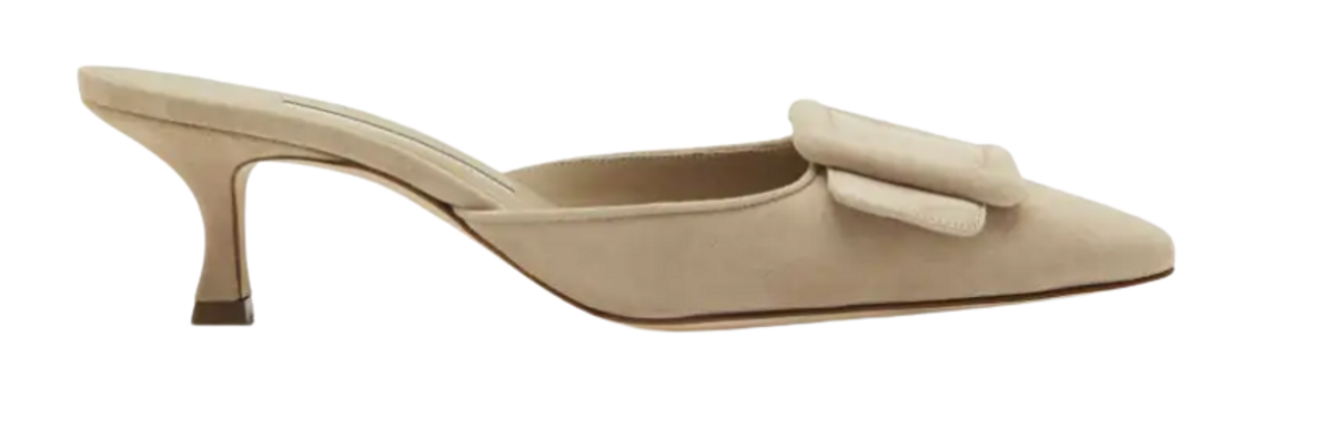Manolo Blahnik Beige Suede Kitten Heel Mules