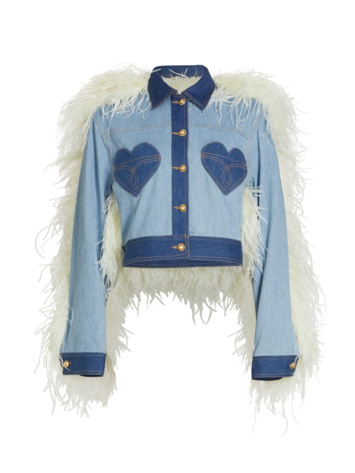Christian Cowan Light Blue Aura Feathered Denim Jacket