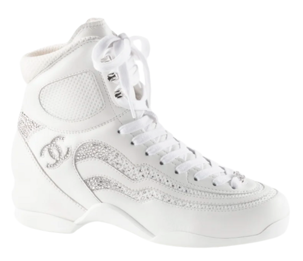 Chanel White And Silver Calfskin High Sneakers