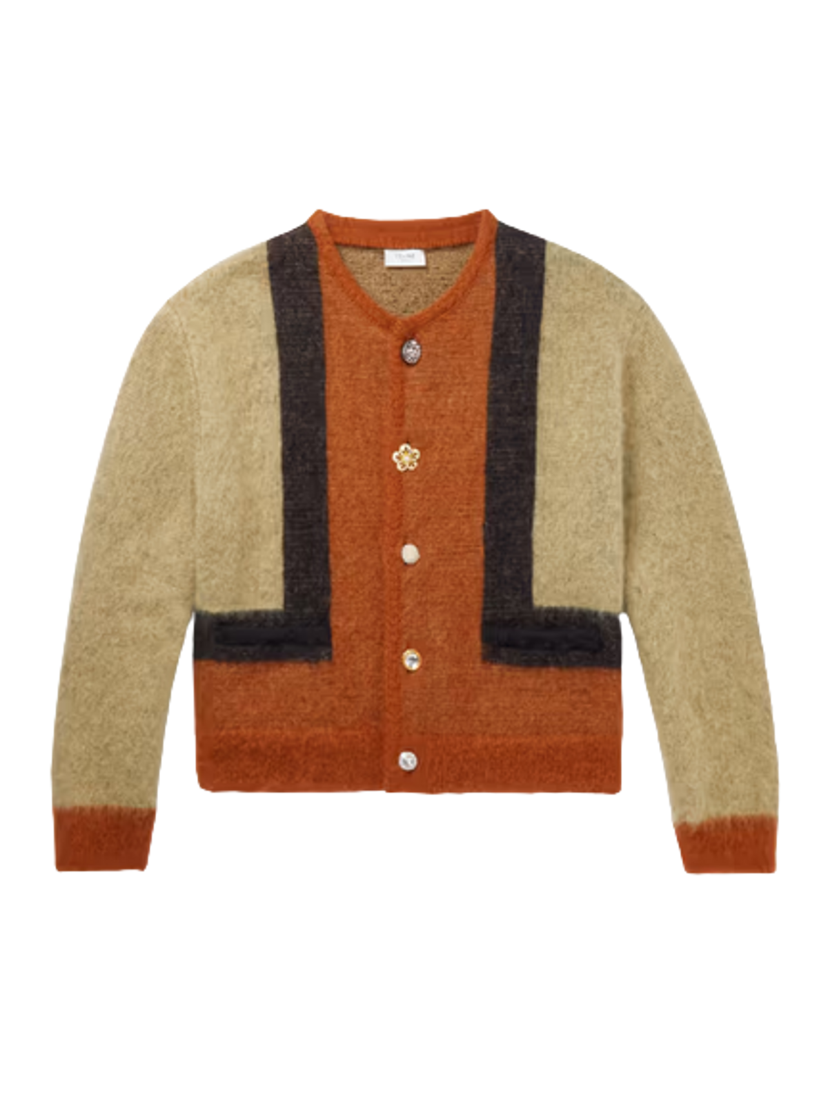 Celine Brown Slim-fit Embellished Colour-block Mohair-blend Cardigan