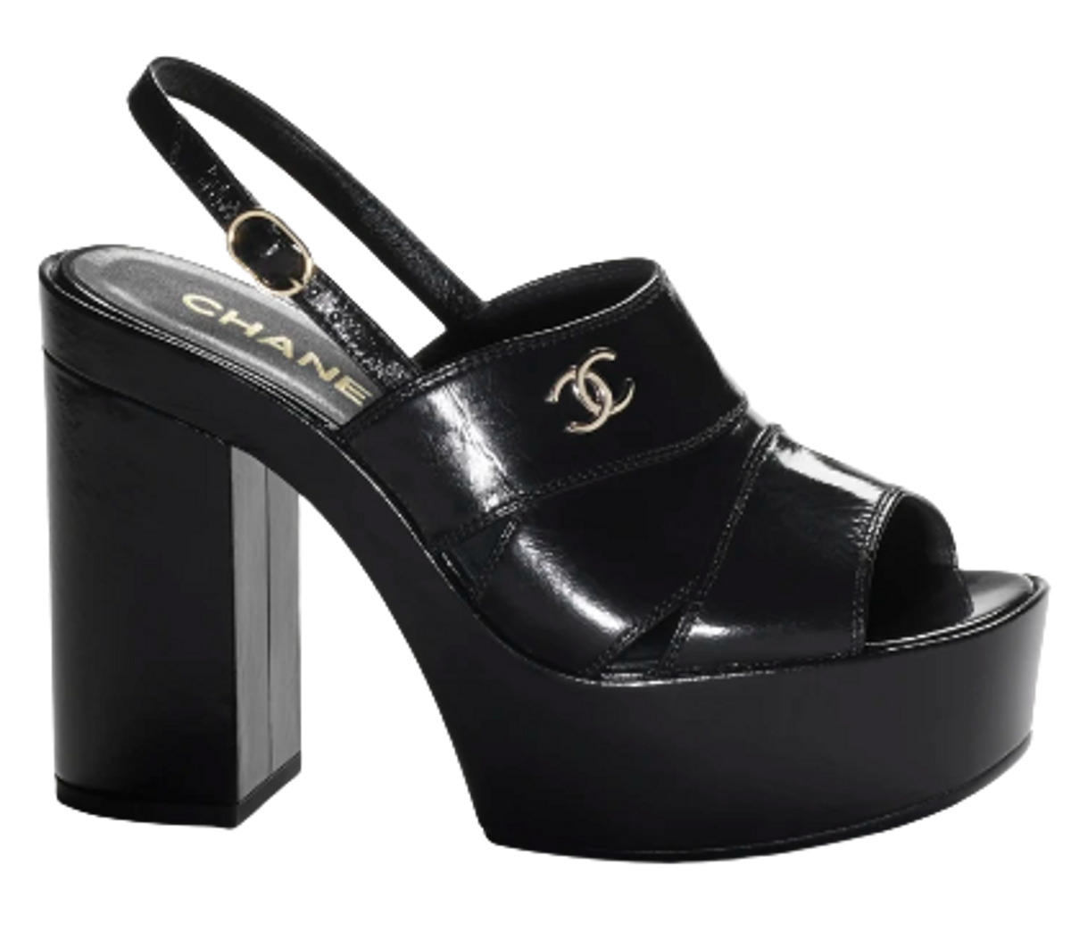 Chanel Black Patent Crumpled Lambskin Sandals