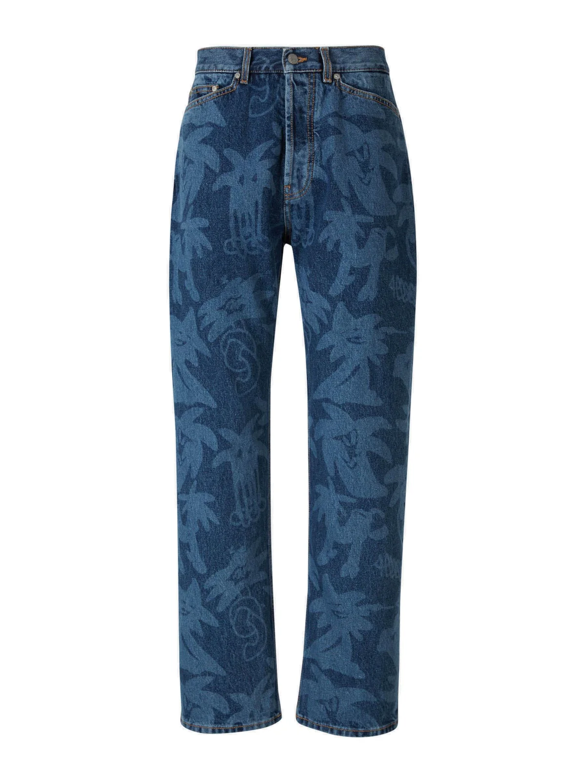 Palm Angels Blue Allover Logo Printed Straight Jeans