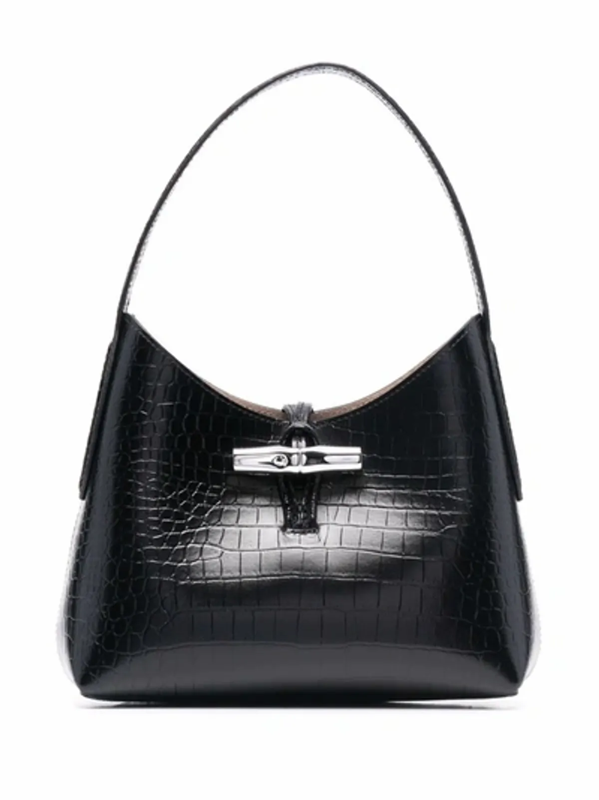 Longchamp Black Roseau Croc-embossed Shoulder Bag
