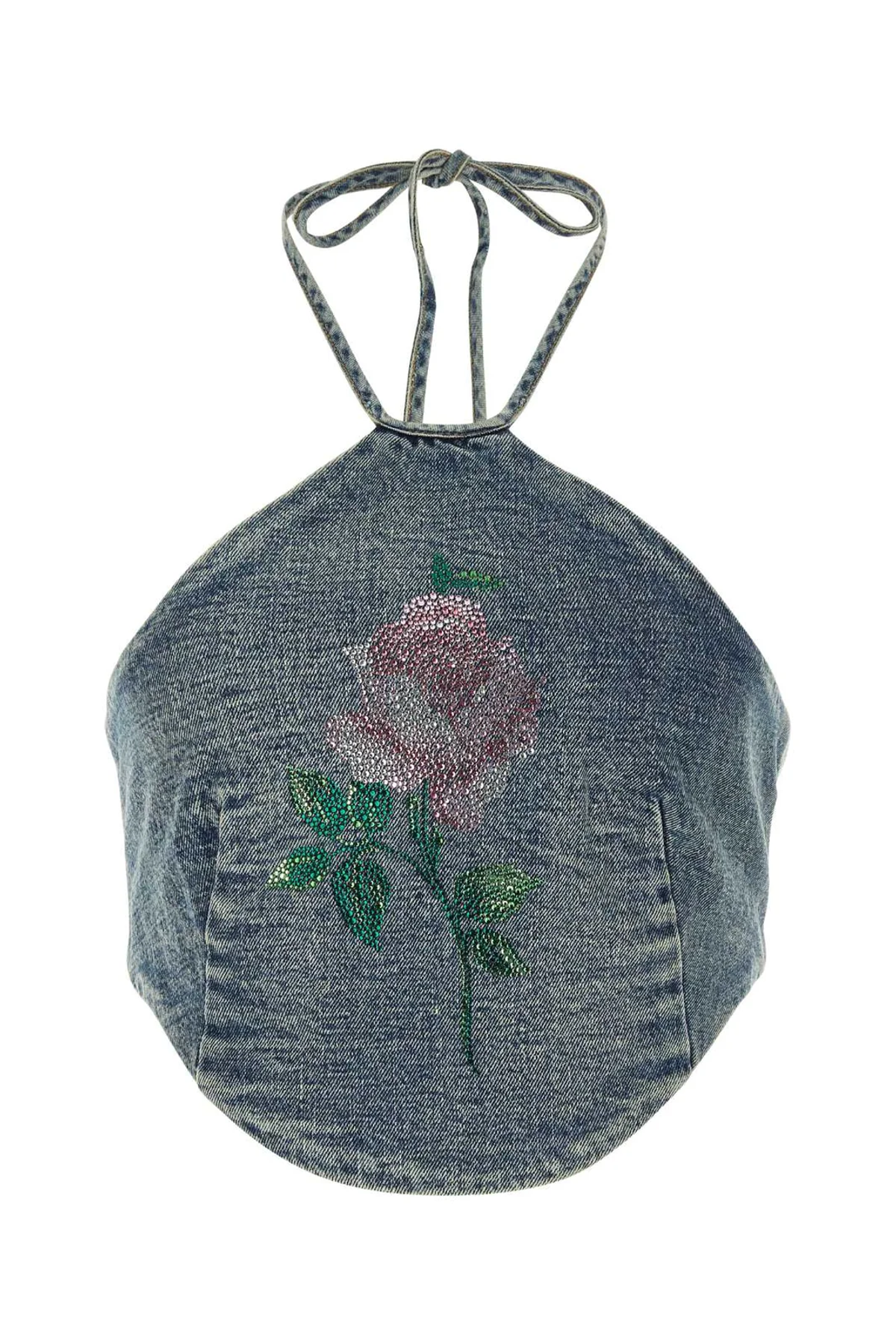 Alessandra Rich Blue Embellished Halterneck Denim Crop Top