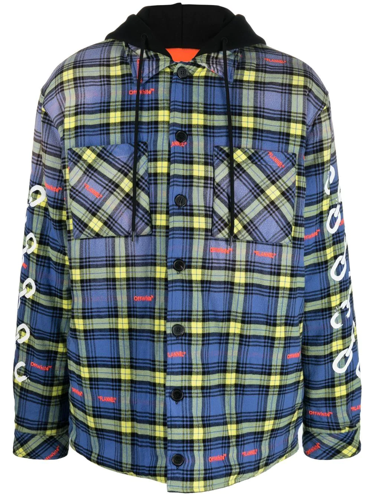 Off-White Dusty Blue Chain Arrows Plaid Hooded Cotton Flannel Overshirt