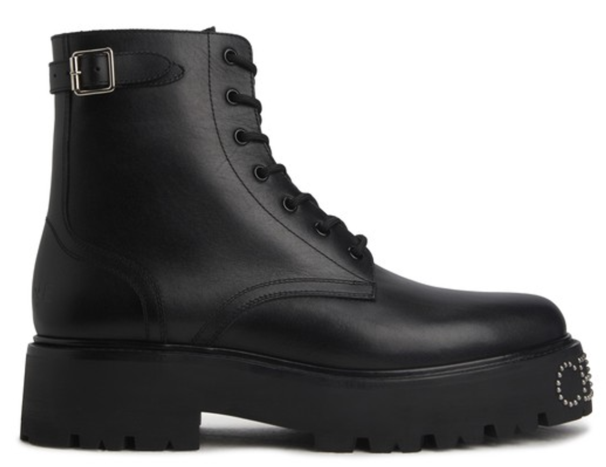 CELINE 25S HIGH HEELED LACE UP BOOTS 50MM IN BLACK CALFSKIN