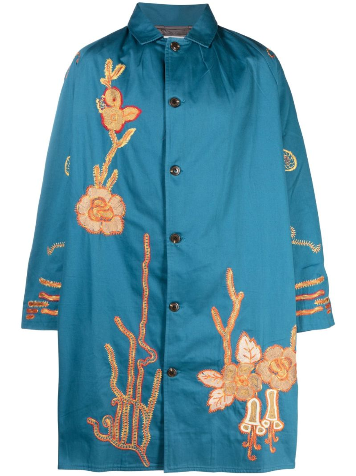 Bode Blue Flower-embroidered Single-breasted Coat