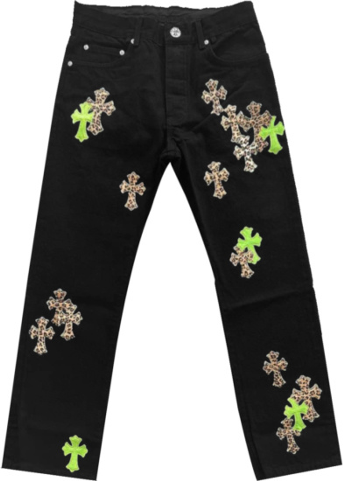 Chrome Hearts Green & Leopard Cross Patch Black Jeans
