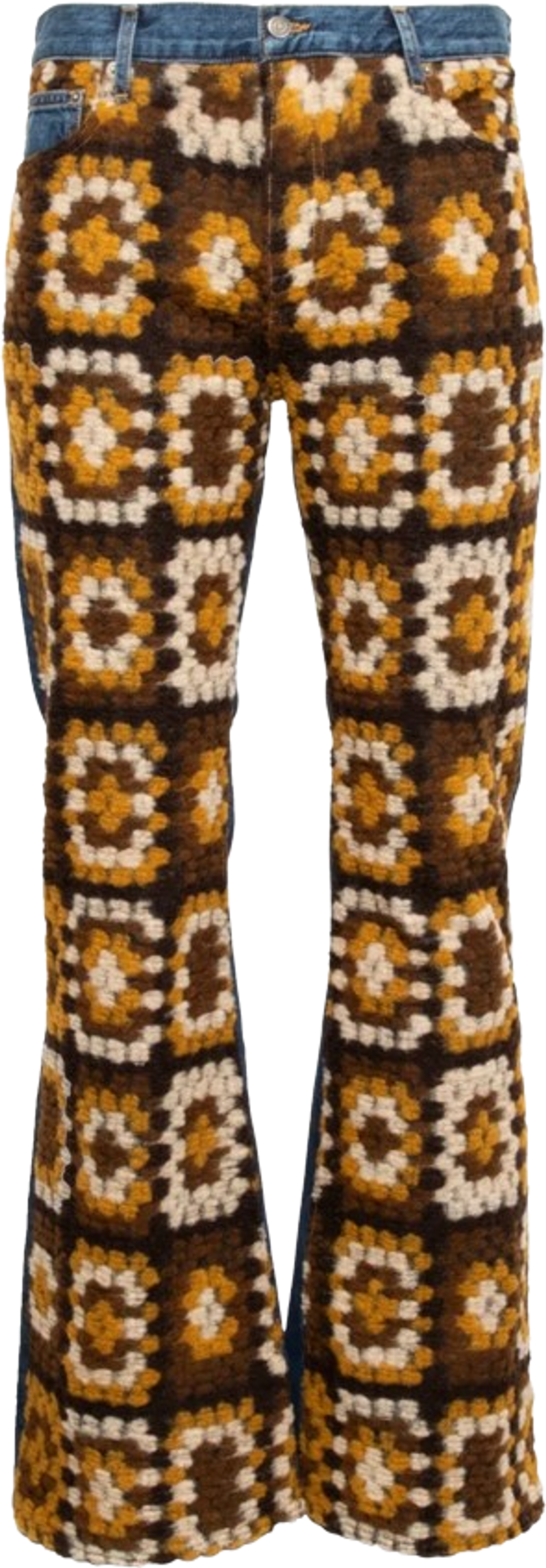 Cout De La Liberte Blue Denim & Brown Square Crochet Flared Jeans