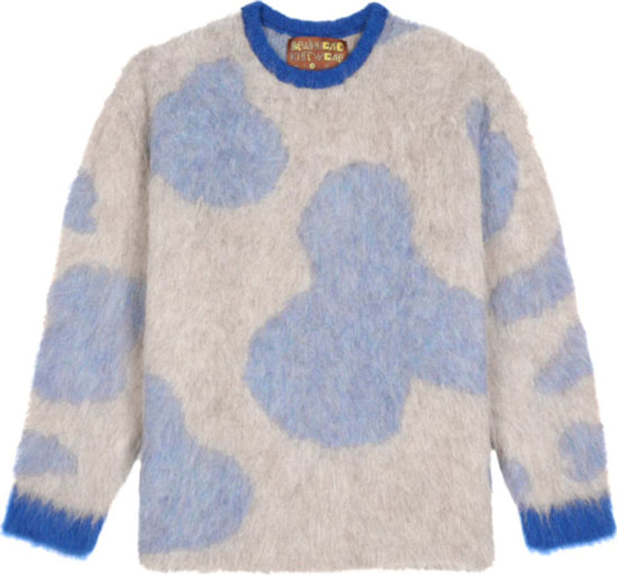 Brain Dead Ivory And Blue Cow Print Shaggy Sweater