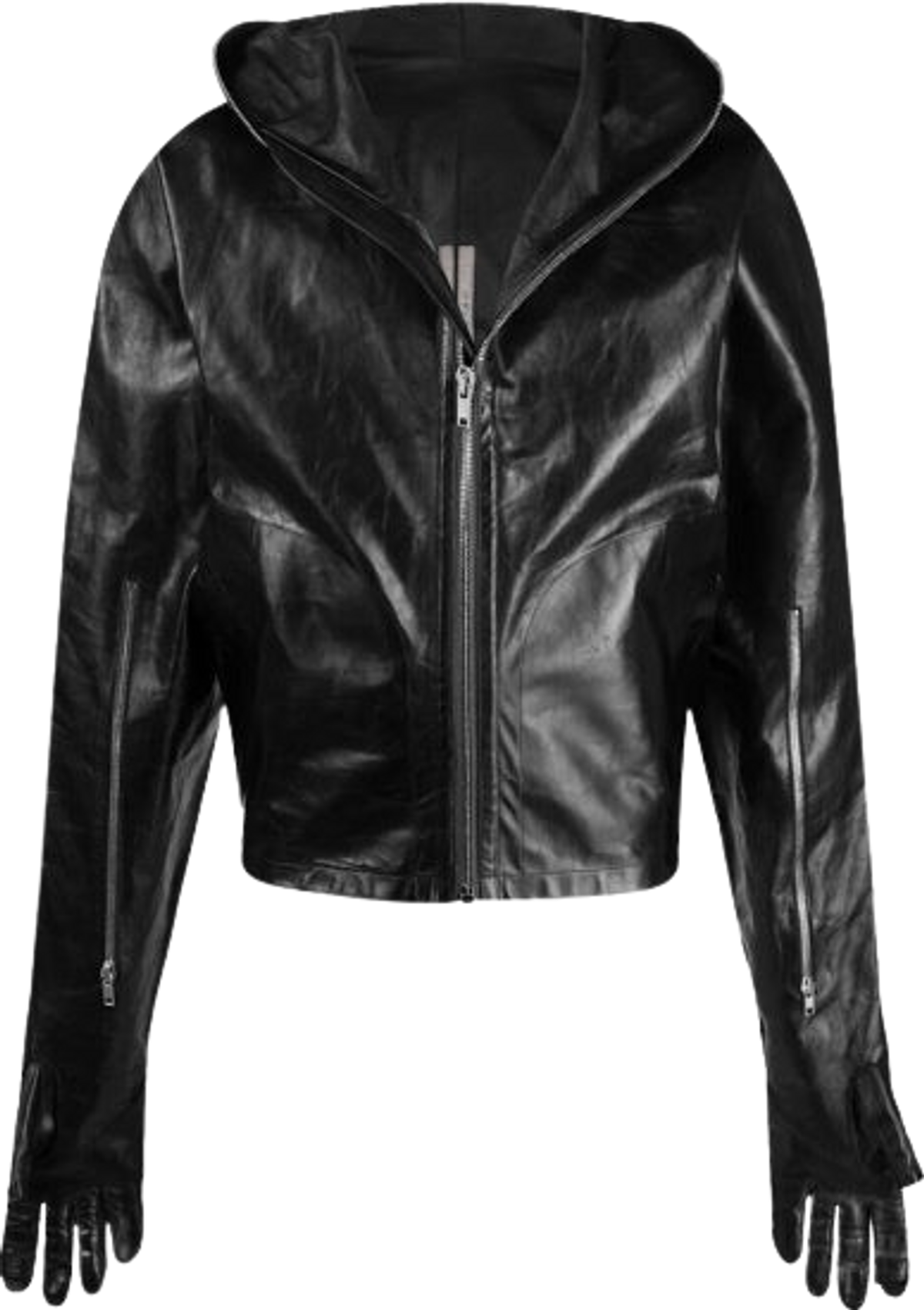 Rick Owens Black Leather Gloved Zip Hoodie
