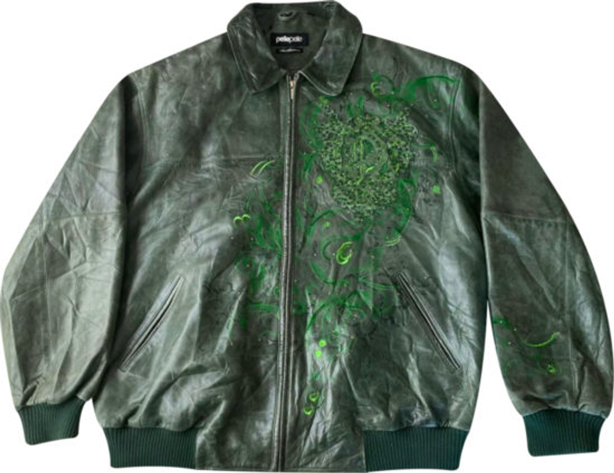 Pelle Pelle Green Leather Crystal Embroidered Jacket | WHAT'S ON