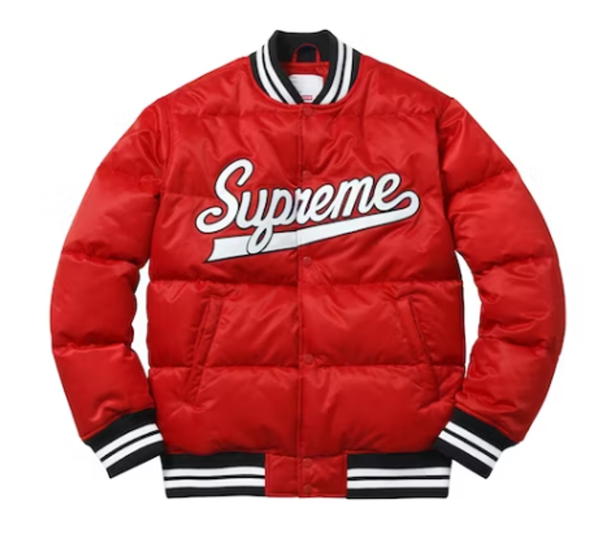 Supreme Red Script Varsity Puffy Jacket