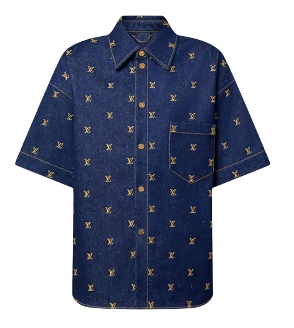 Louis Vuitton Embroidered Signature Short-Sleeved Denim Shirt