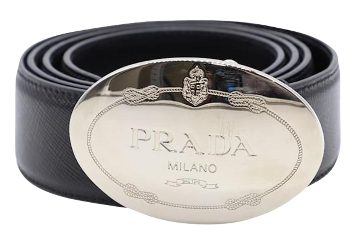 Prada Savoia Oval Buckle Black Leather Belt