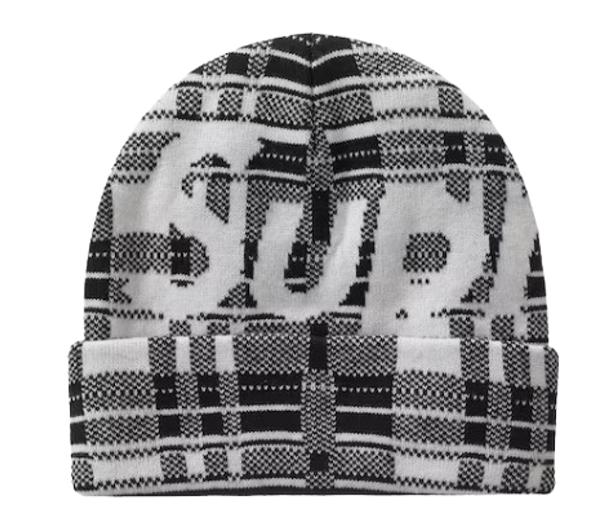 Supreme White Plaid Big Logo Beanie Beanie