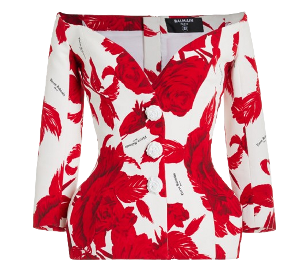 Balmain Off-The-Shoulder Rose-Print Crepe Hourglass Jacket