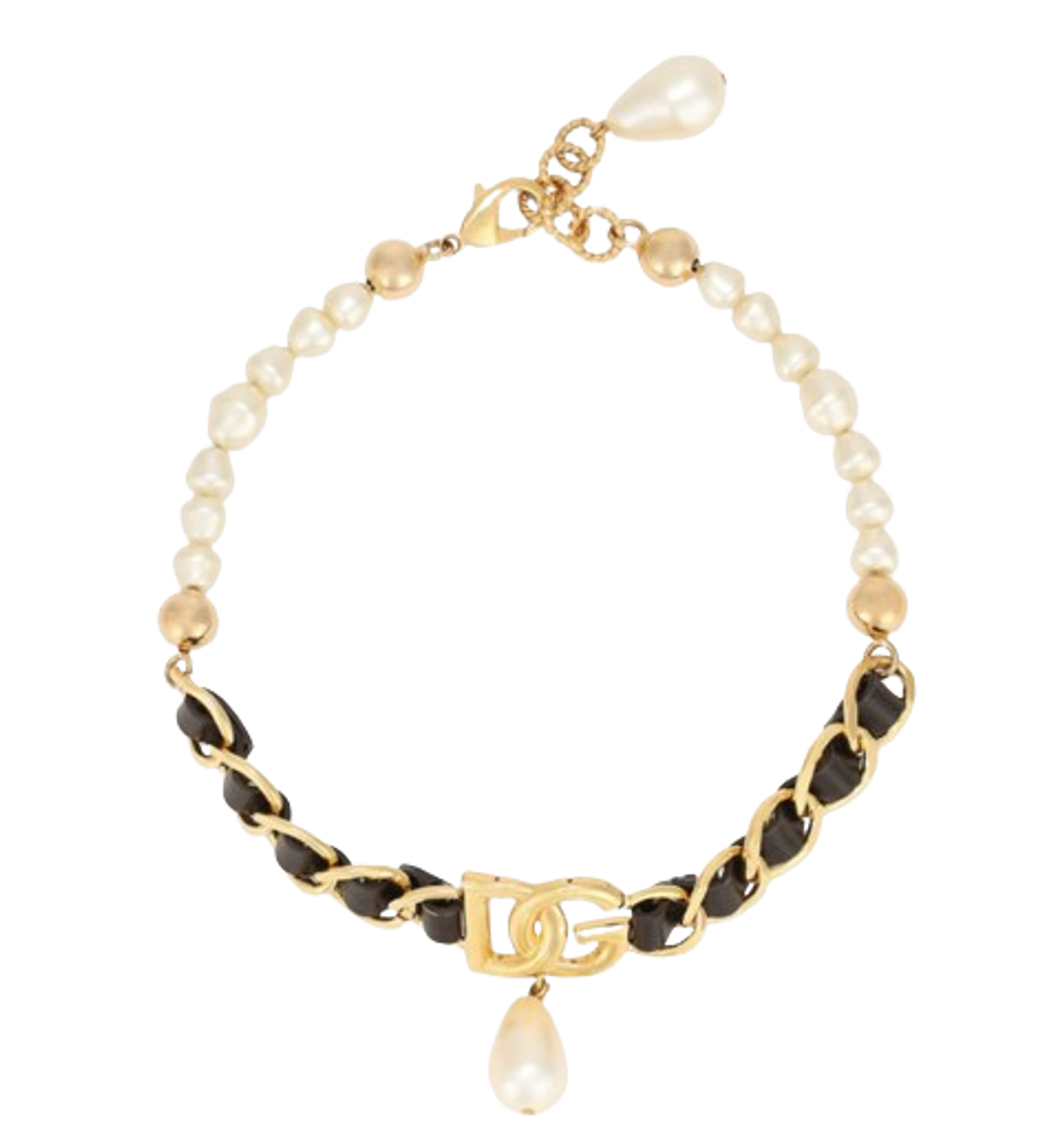 Dolce & Gabbana Leather Faux Pearl Logo Necklace