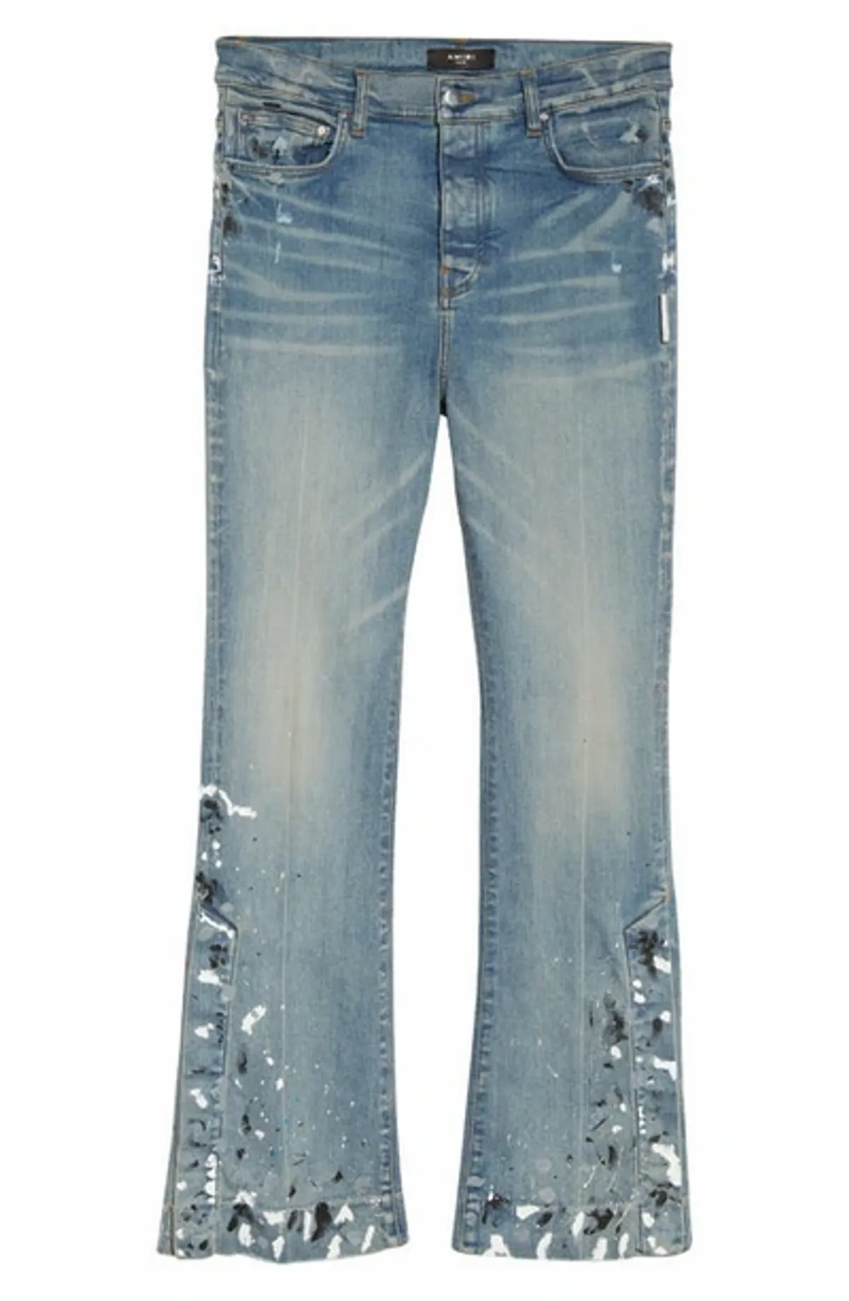 Amiri Paint Splatter Stretch Flare Leg Jeans In Clay Indigo