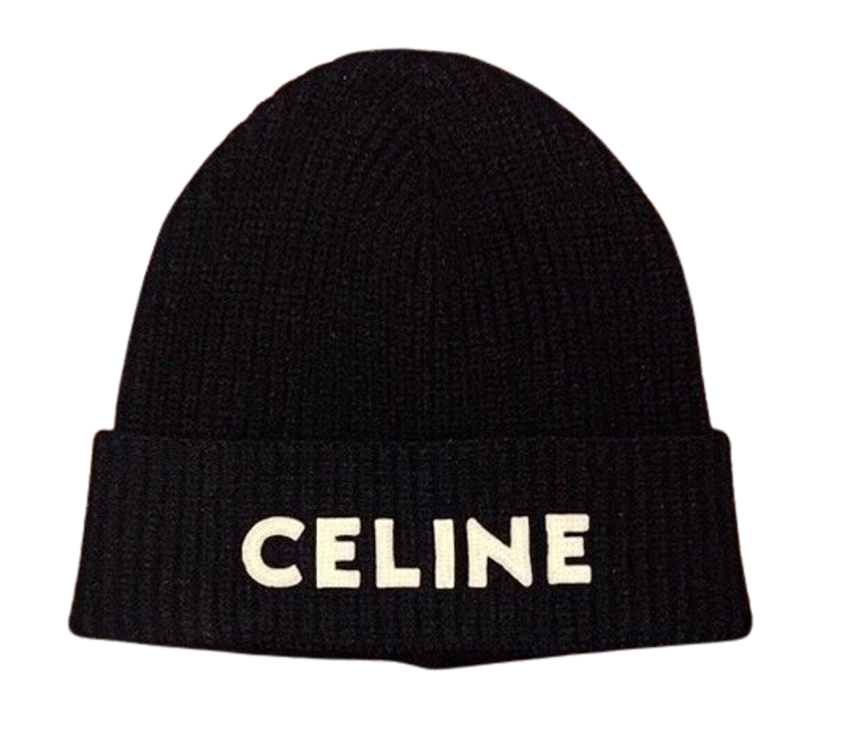 Celine Black Logo Knit Wool Embroidered Beanie