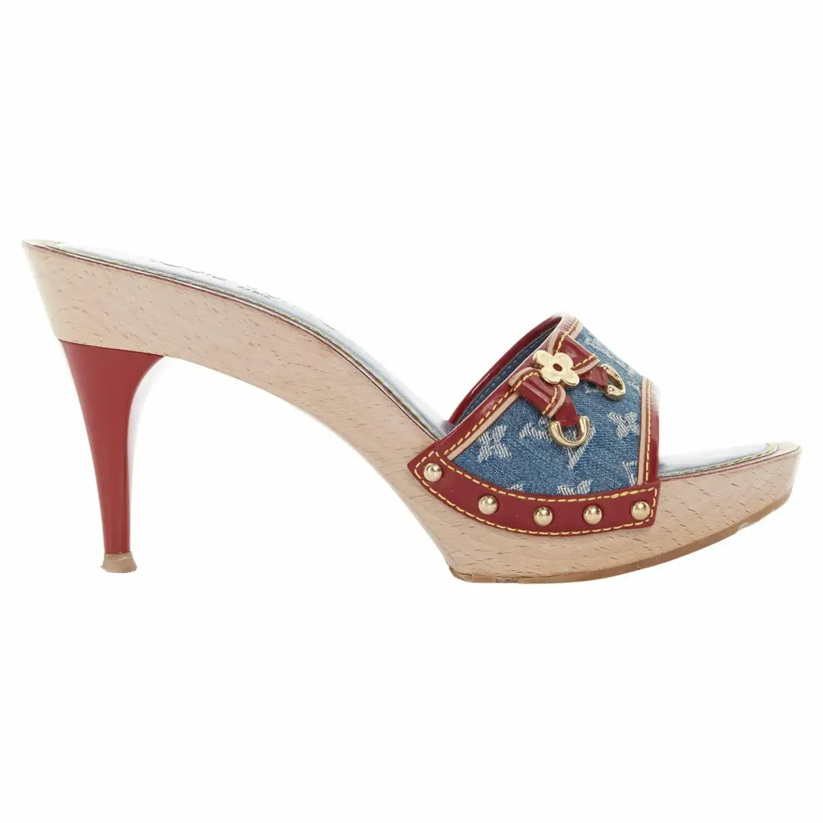 Louis Vuitton Monogram blue denim red bow patent wooden clog sandals