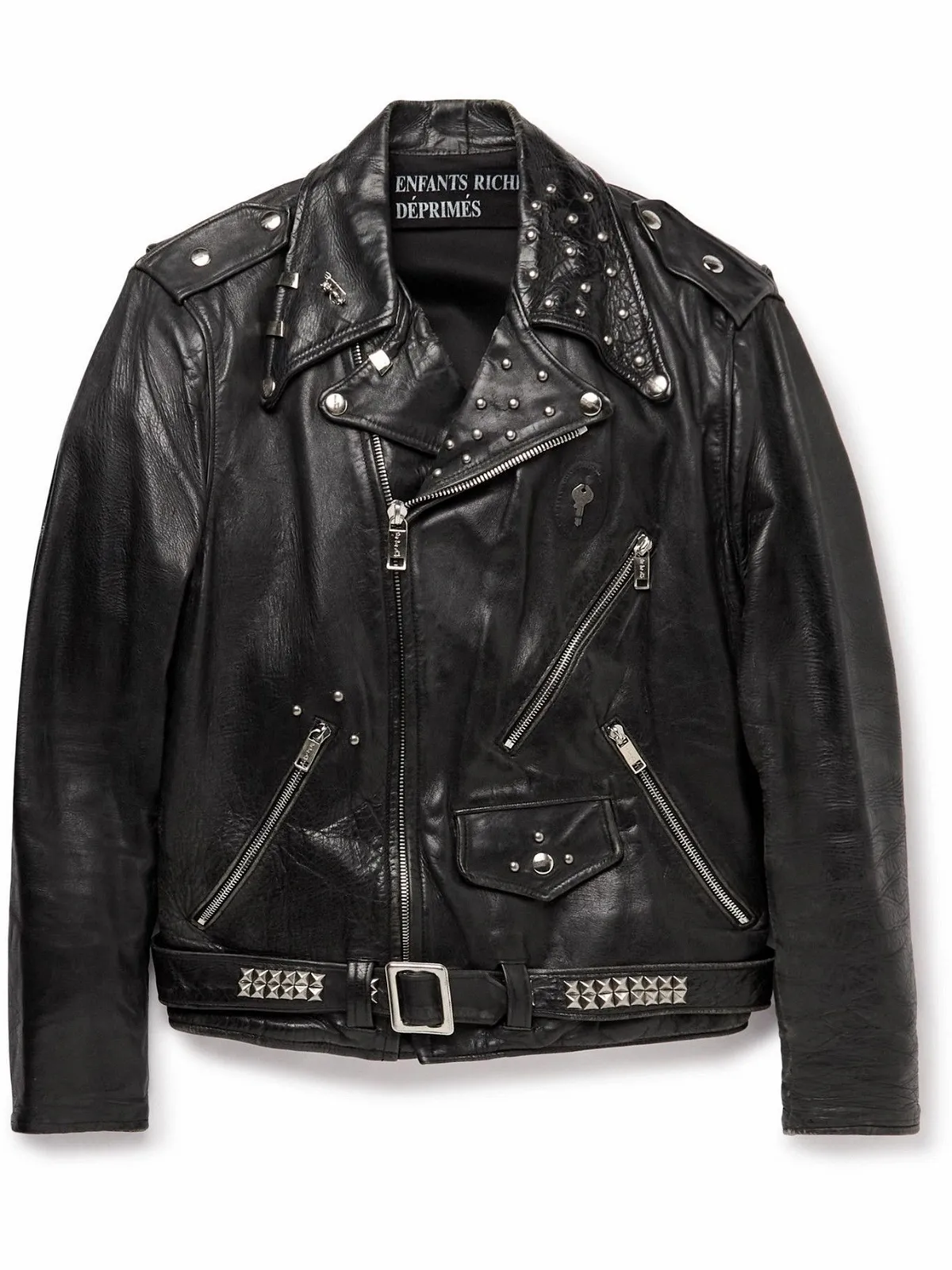 Enfants Riches Deprimes Distressed Embellished Leather Biker Jacket In Black