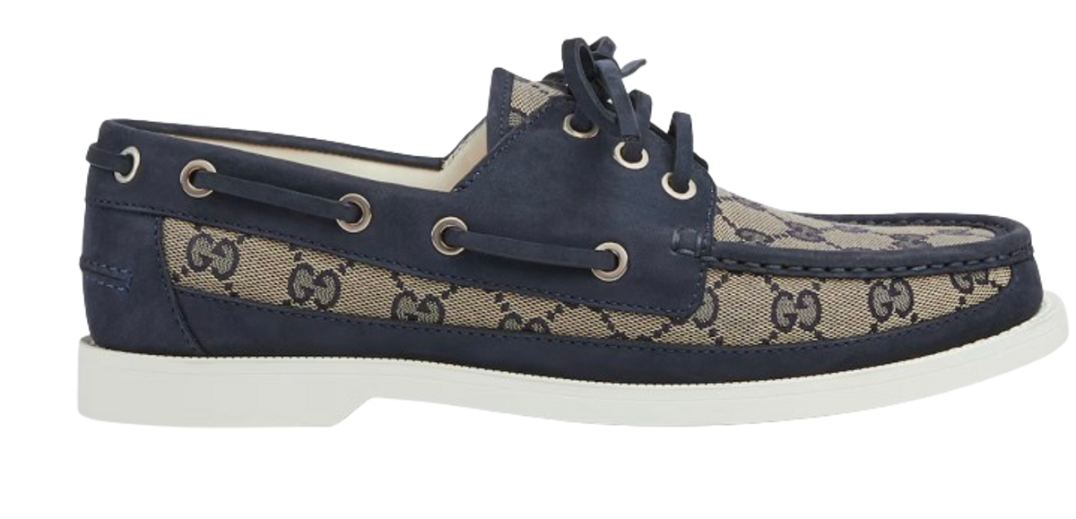 Gucci Gg Leather-trimmed Canvas Boat Shoes In Blue