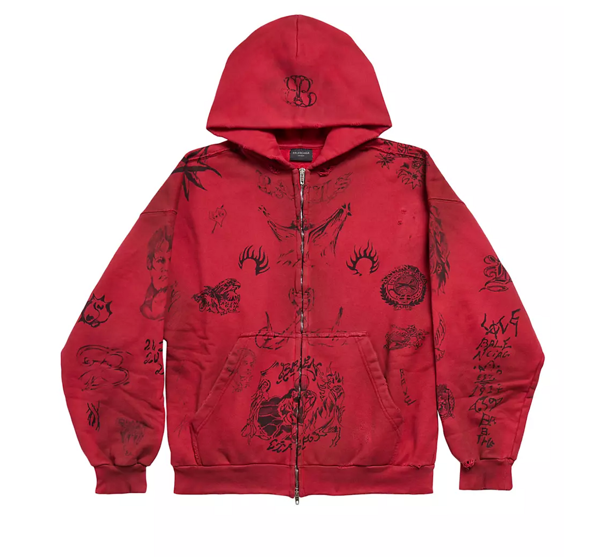 Balenciaga Tat Zip-up Hoodie In Off White Black