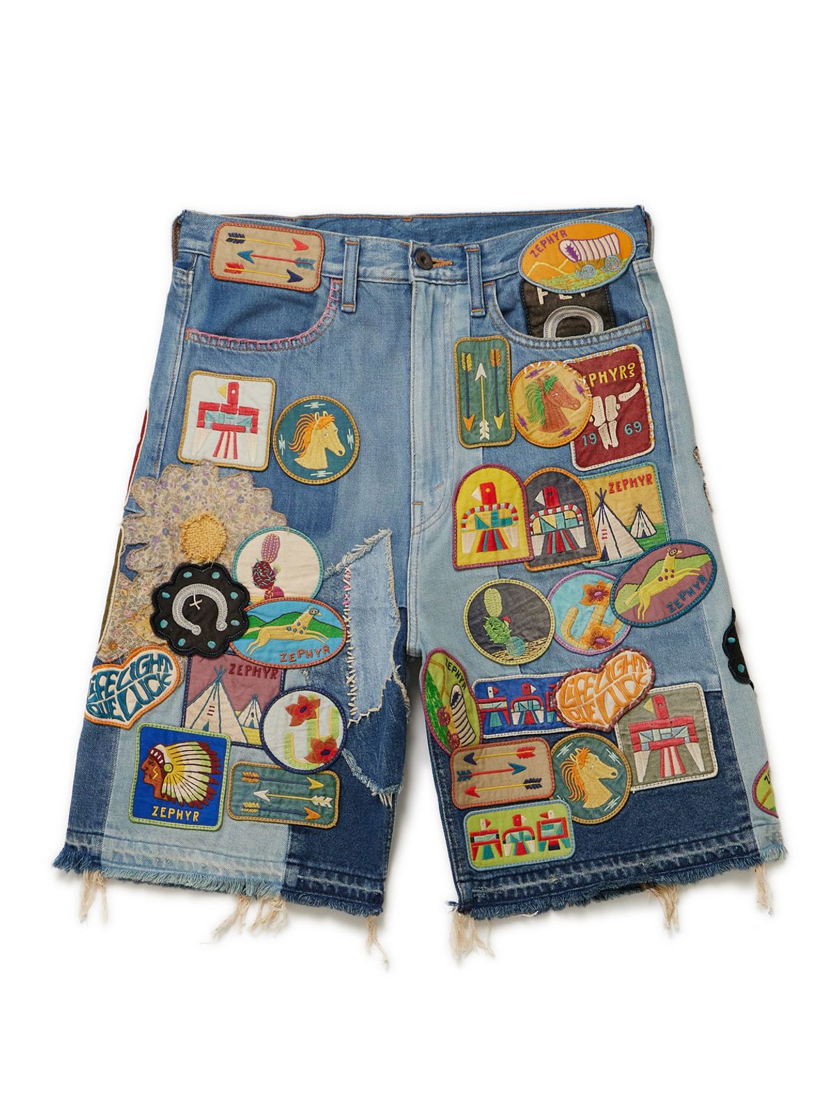 Kapital Straight-leg Appliquéd Patchwork Denim Shorts In Blue