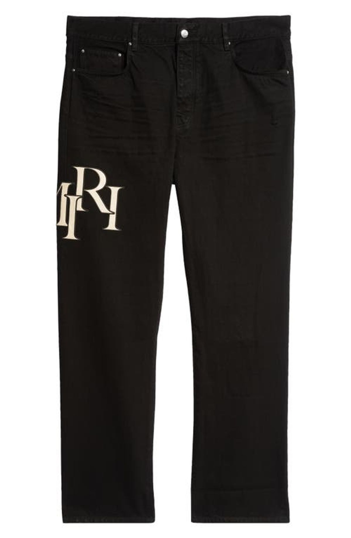 Amiri Staggered Logo Nonstretch Denim Straight Leg Jeans In Black