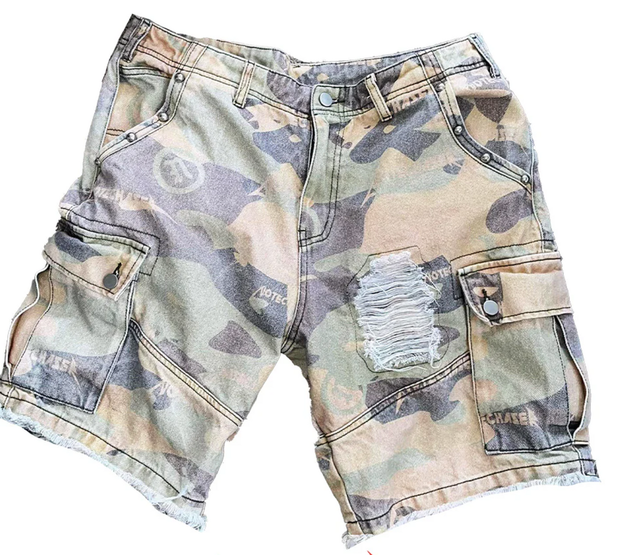 Note Chaser Camo Distressed Shorts