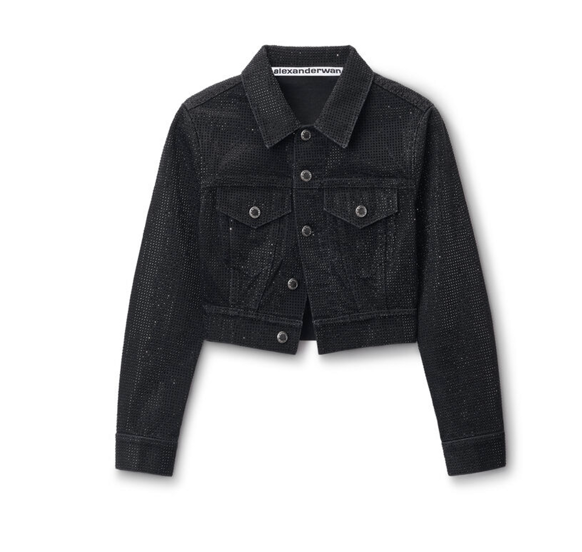 Alexander Wang Shrunken Trucker Jacket In Crystal Hotfix Denim In Washed Black