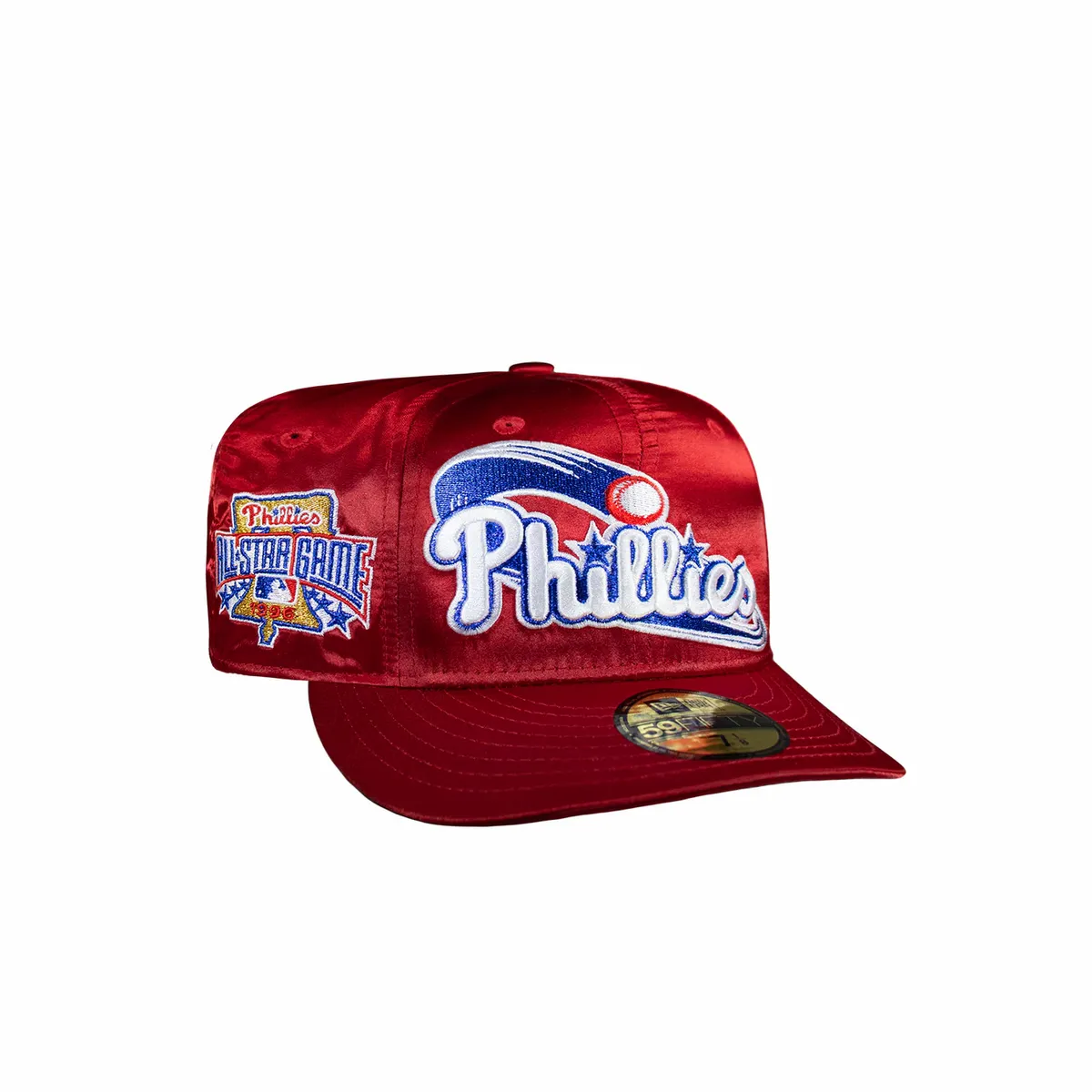 New Era × Philadelphia Phillies All Satin Red Script 1996 Fitted Hat