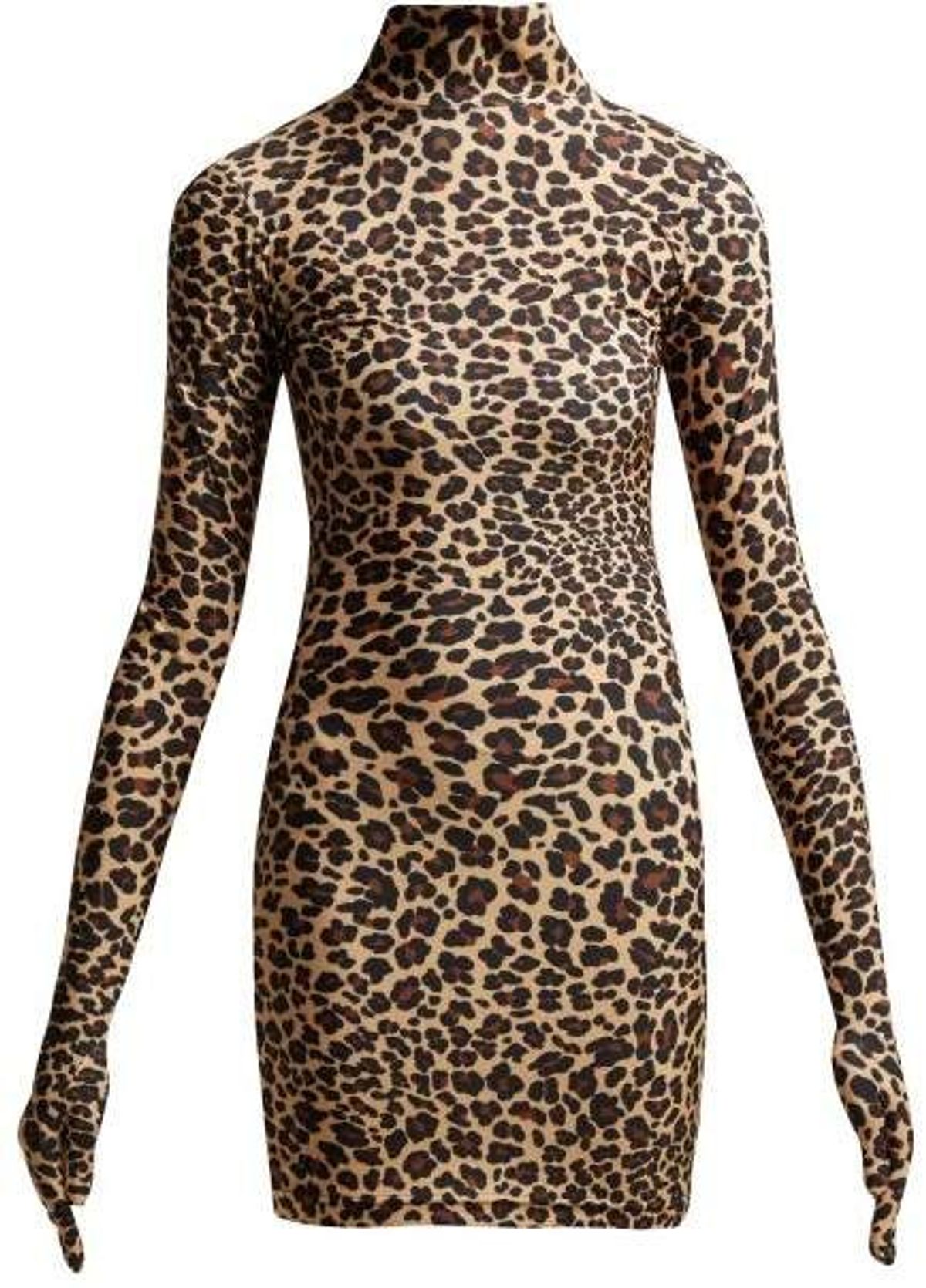Vetements Leopard-Print Glove-Sleeve Mock-Neck Mini Dress