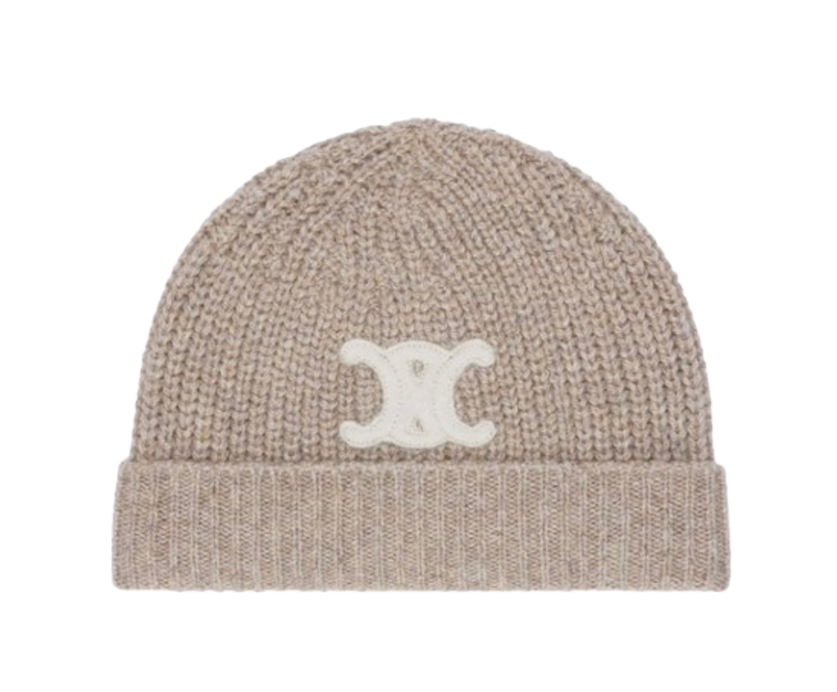 Celine Beige Triomphe Logo Patch Beanie