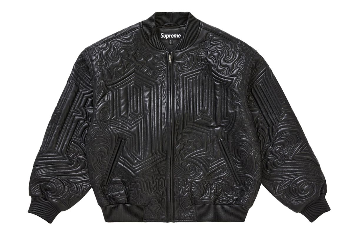 Supreme Mister Cartoon Embroidered Leather Jacket Black