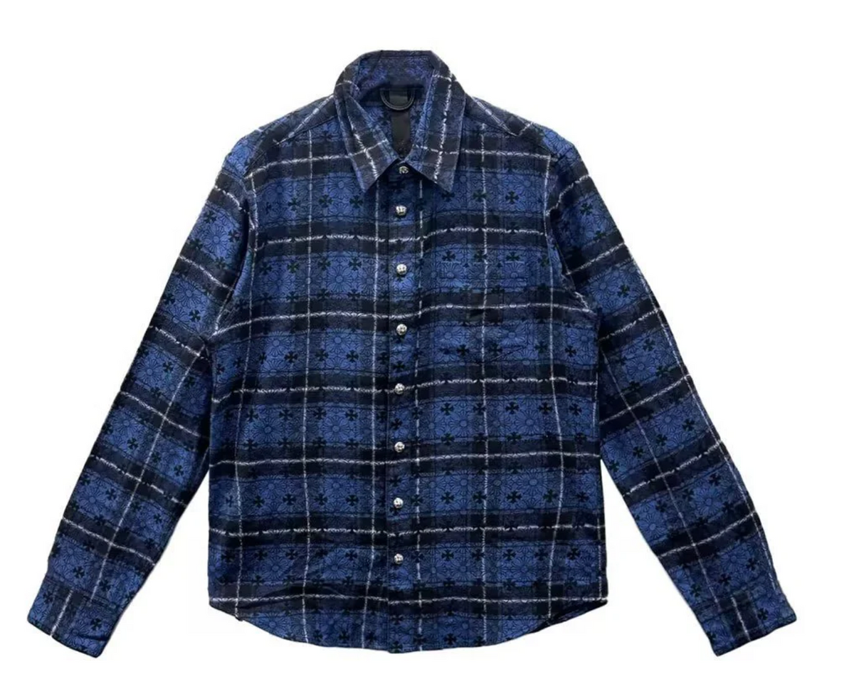Chrome Hearts Blue Mongram Cross Silver Button Flannel Shirt
