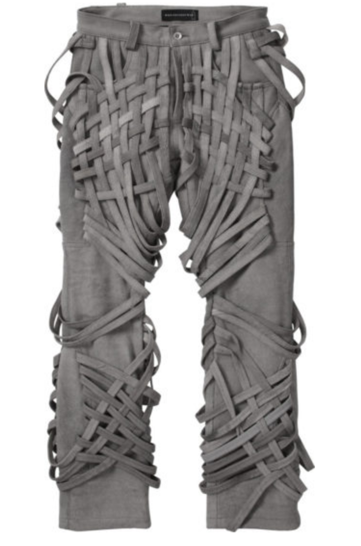 Who Decides War Grey Leather Strap Interwoven Pants