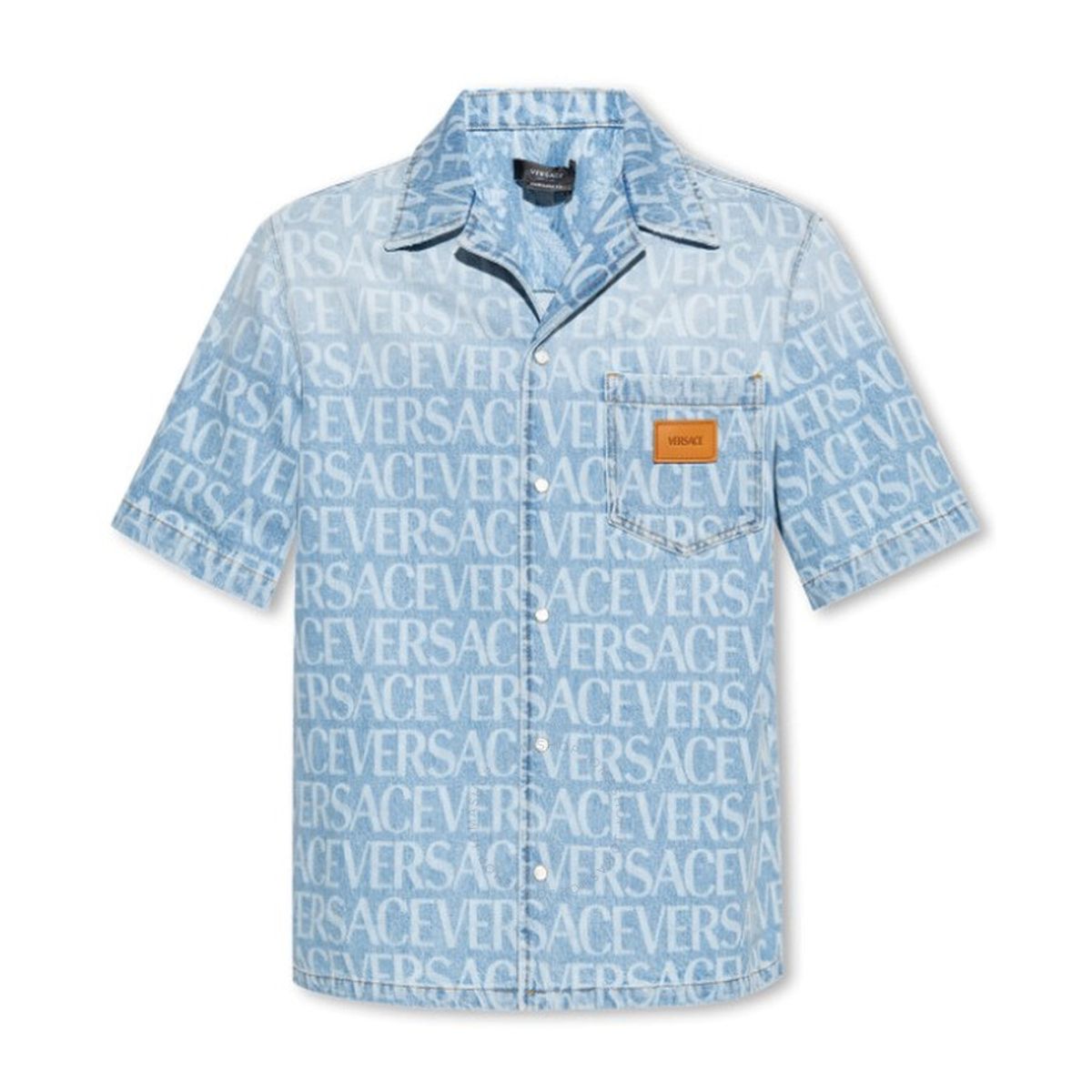 Versace Monogram Cotton Denim Shirt In Light Blue