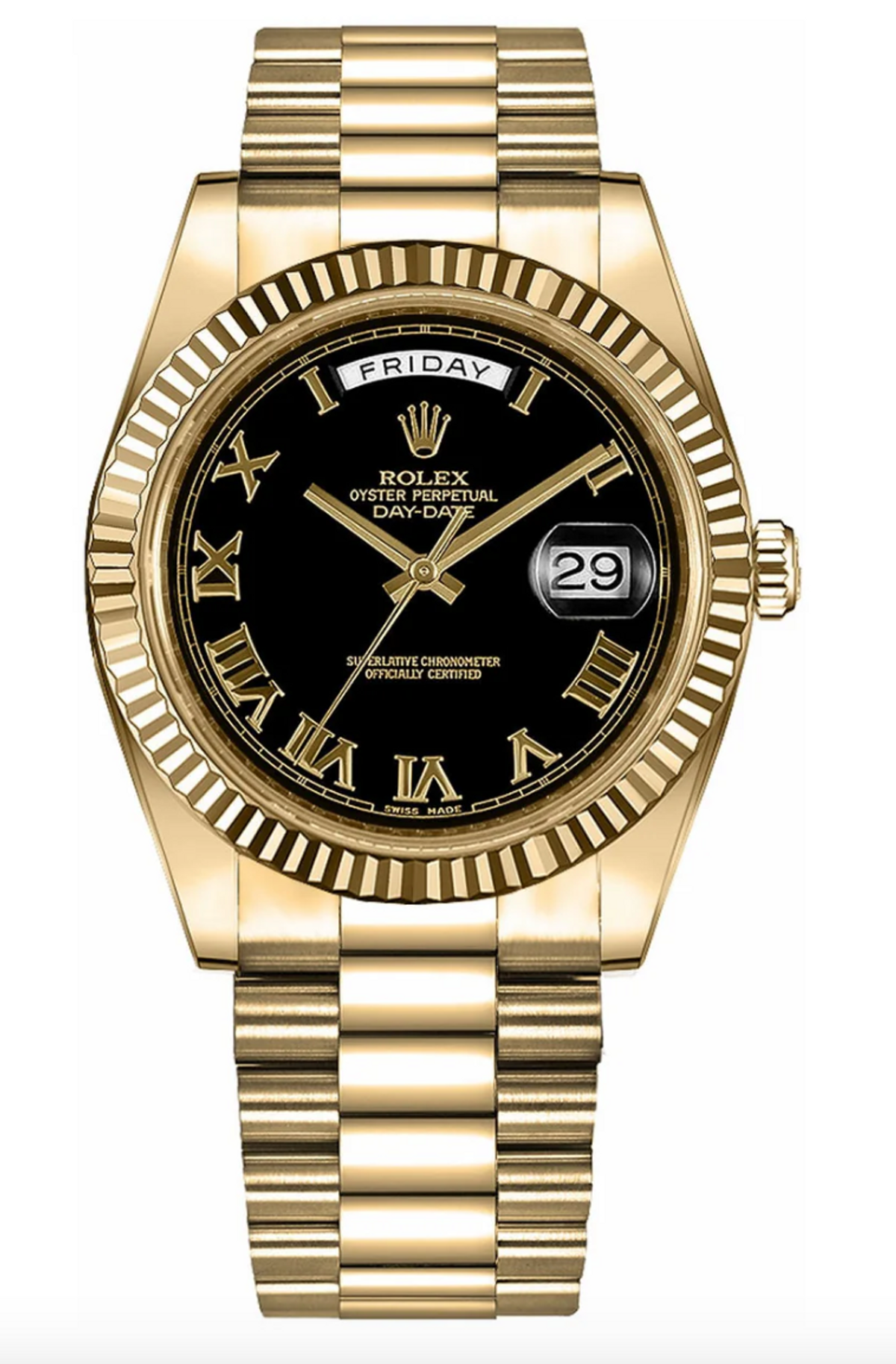 Rolex Day Date II 41mm Black Roman Dial & Fluted Bezel