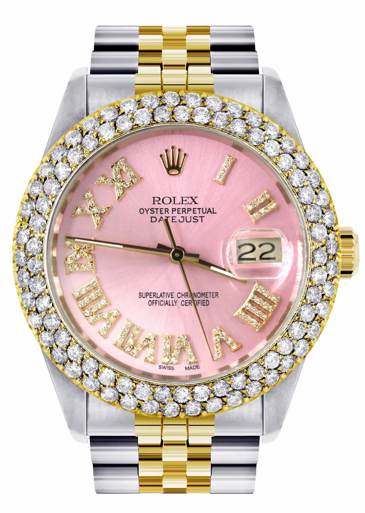 Rolex Diamond Gold Watch Pink Roman Numeral Dial